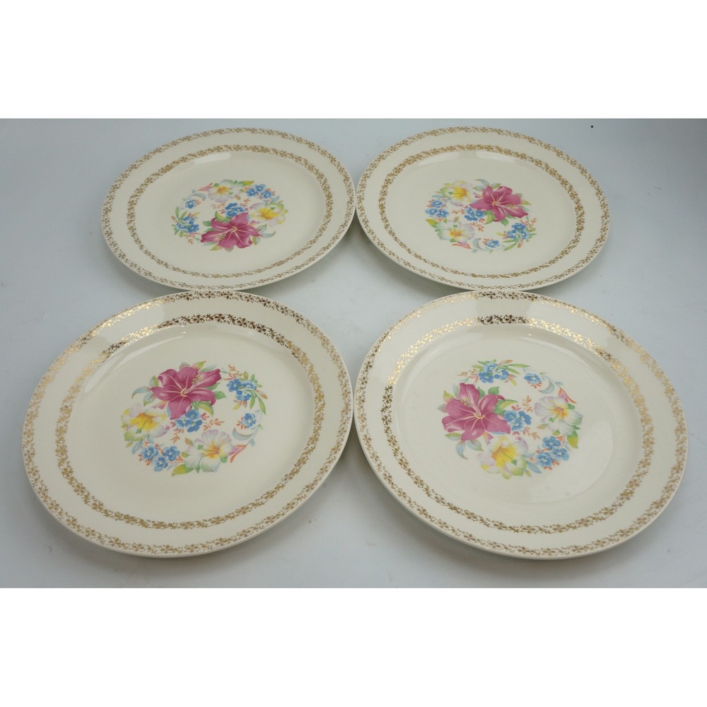 Royal China Essex Dinner Plates Set of 4 Floral 22K Gold Trim Good